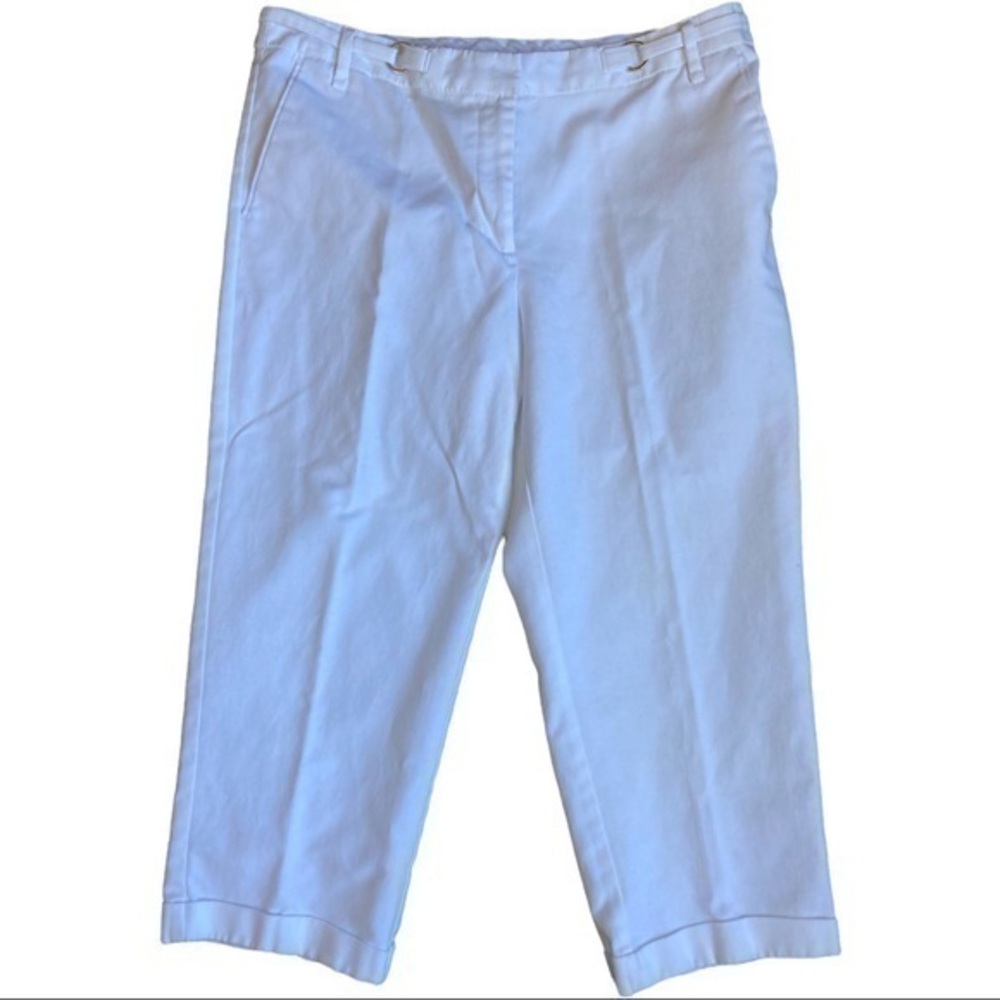 Zac & Rachel size 12. white capri cuffed at bottom, silver accents, zips & hook